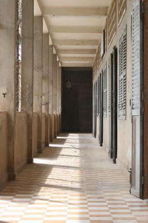 Exterior corridor at Tuol Sleng S-21, a school turned into a Khmer Rouge prison and centre of torture and execution in Phnom Penh, Cambodia