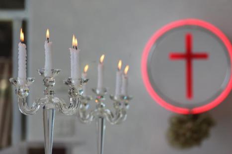 Candles and tabernacle at Assumption Church in Pattaya, Thailand
