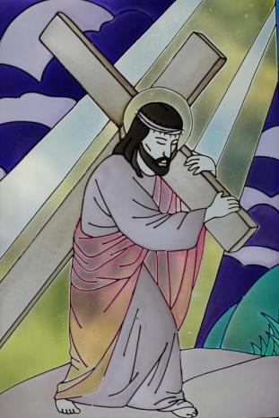 Stained glass at the shrine of Mary Velangkanni in Sumatra, Indonesia